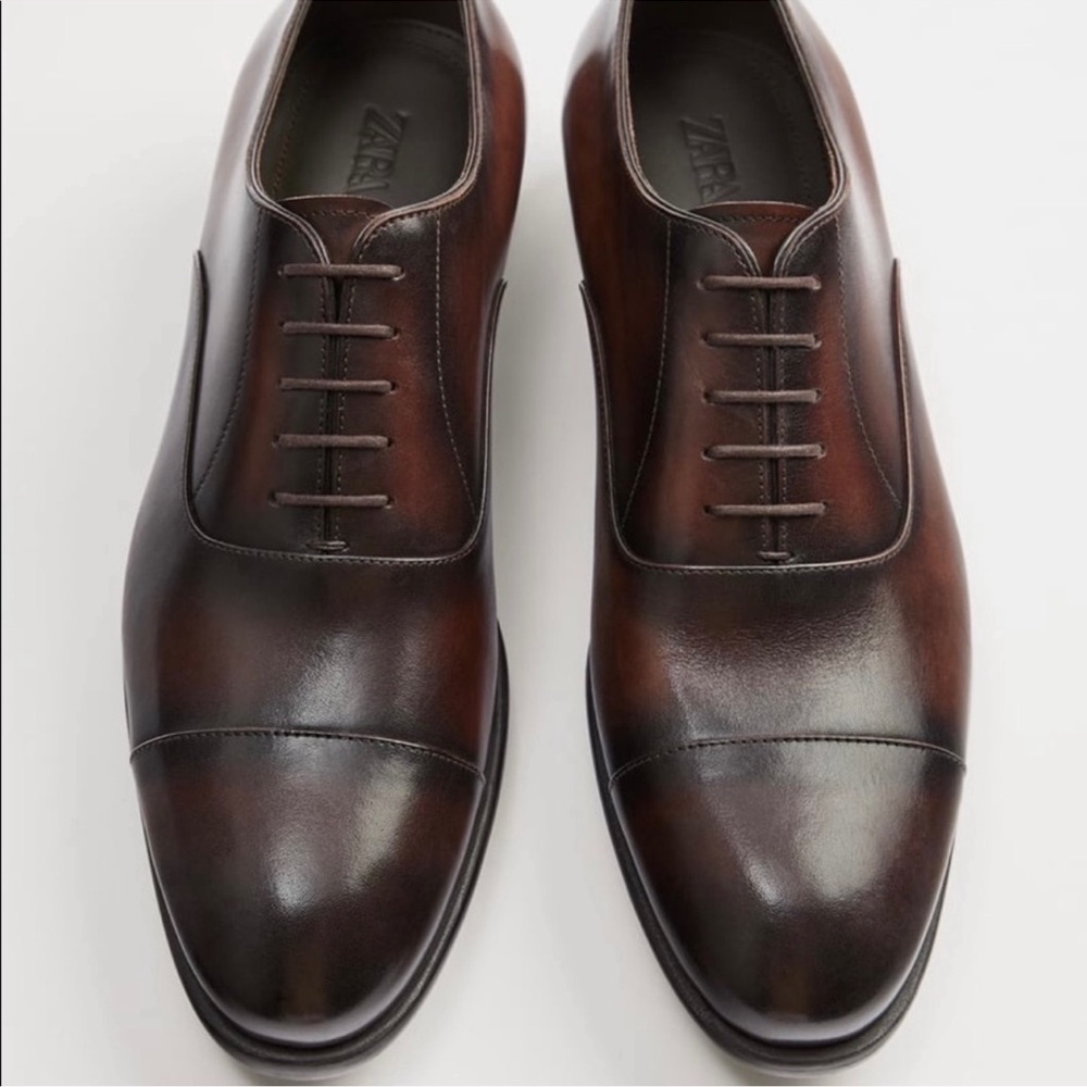 Brand New Zara Brown Leather Oxford Cap-Toe Shoes Sz 44